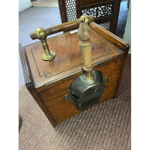 317 - Wooden coal scuttle with brass front adorned with a kingfisher