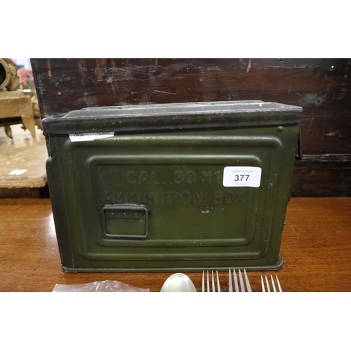 377 - WW2 30mm cal Ammunition box together with military issue forks and spoons along with RAF sergeants m... 