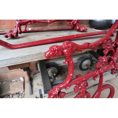 480 - Pair of Coalbrookdale Victorian red painted cast iron serpent and grape design bench ends