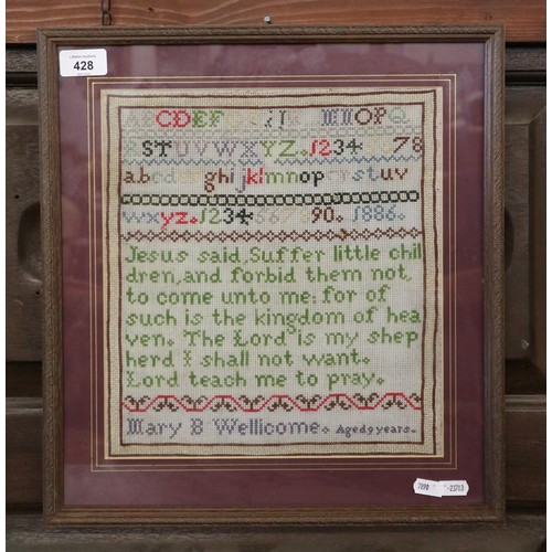 428 - Antique sampler 1886 by Mary B Wellicome aged 9. Alphabet & Numbers with a section of the Lords ... 
