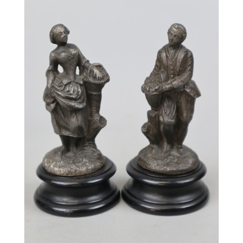 154 - Pair of Victorian cast metal figures of flower sellers on wooden plinths