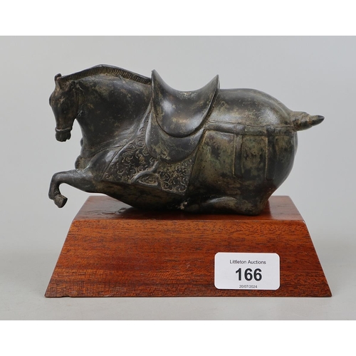 166 - Chinese bronze horse in archaic style on later wooden base