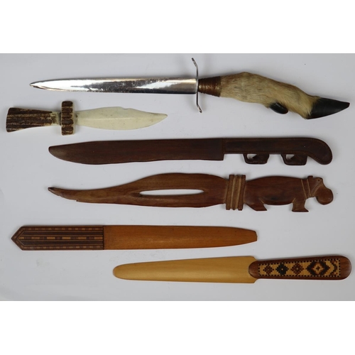 176 - Collection of letter openers and paper knives, with mauchlinware, marquetry, stag antler and deer's ... 