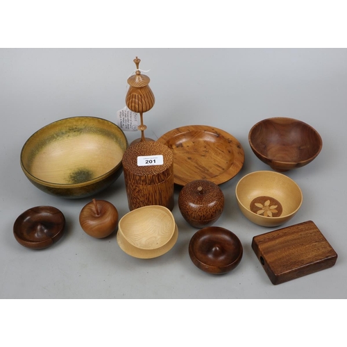 201 - Collection of Treen turned and carved bowls and other, many with makers marks, including apples and ... 