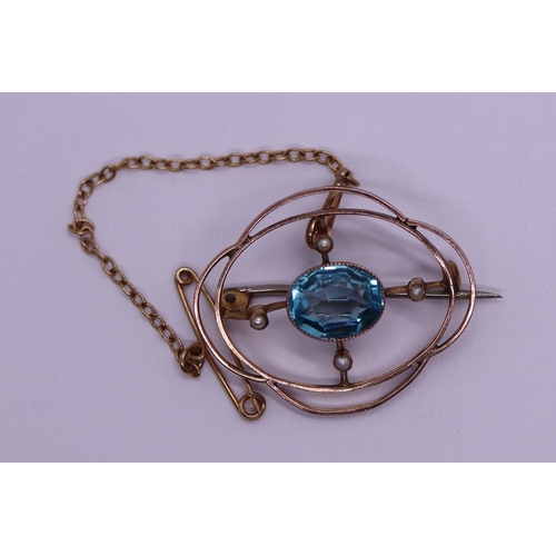 25 - Antique 9ct blue topaz & pearl brooch