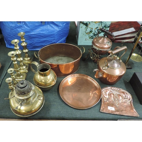 261 - Collection of brass and copper to include spirit kettle