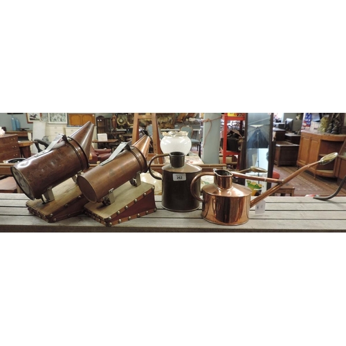 262 - 2 copper bee smokers together with 2 brass & copper indoor watering cans