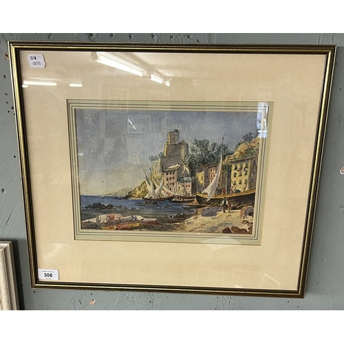 308 - Watercolour 19thC harbour scene - IS: 30cm x 21cm