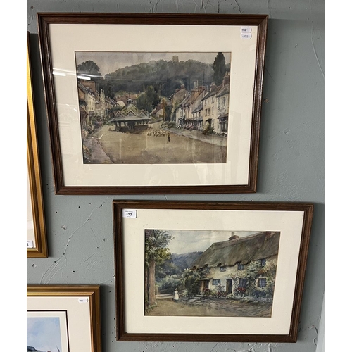313 - Pair of watercolours - Dunster - signed T. Gadesby - Loughborough - IS: 37cm x 26cm