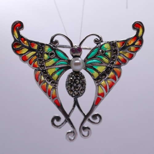 32 - Silver enamel butterfly pendant/brooch