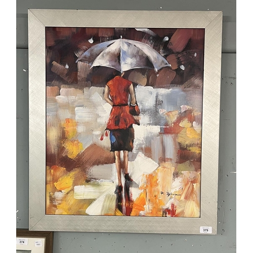 379 - Abstract oil on canvas 'Woman in Rain' indistinct signature - IS: 50cm x 60cm