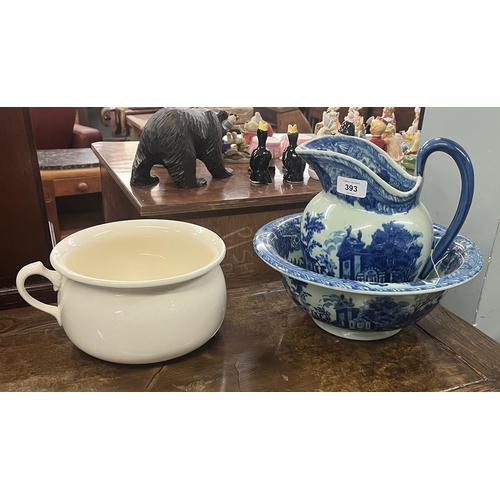 393 - Blue and white Victorianware washing jug and bowl set plus vintage Burleighware Burgess and Leigh ch... 