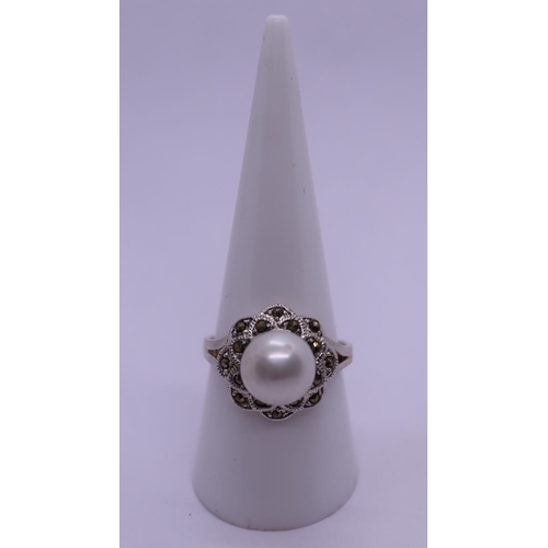 42 - Silver pearl and marcasite ring - Size R