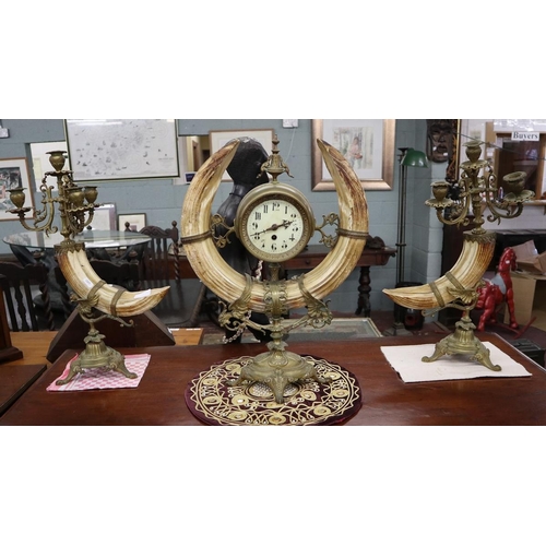 428 - Garniture clock & 2 candelabra - Hippo tusks - Approx height: 52cm