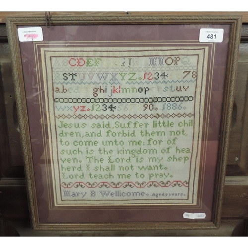 481 - Antique sampler 1886 by Mary B Wellicome aged 9. Alphabet & Numbers with a section of the Lords ... 