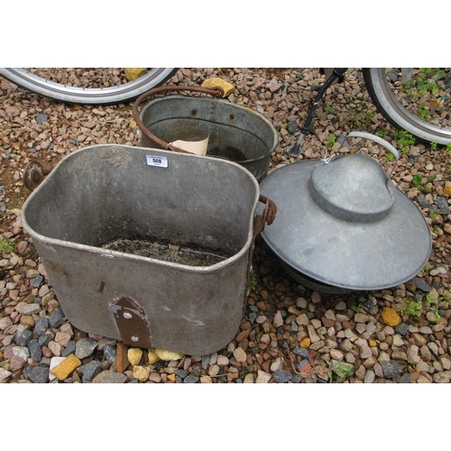 508 - 2 metal planters together with a galvanized chicken feeder