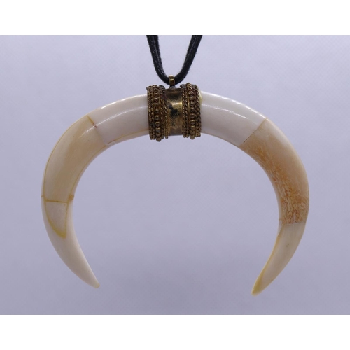 76 - Bone pendent with gilt setting on leather necklace