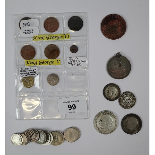 99 - Collection of coins to include silver and 1848 farthing