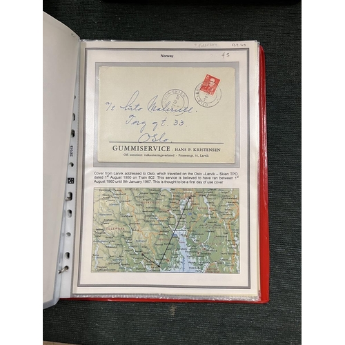 243 - Stamps - Album of approx 38 covers/cards with travelling post office cancels and maps of routes take... 