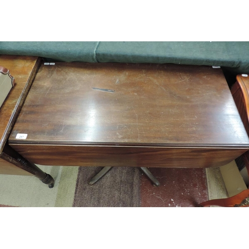 267 - Early mahogany drop leaf table with drawer on splayed support legs with brass castors