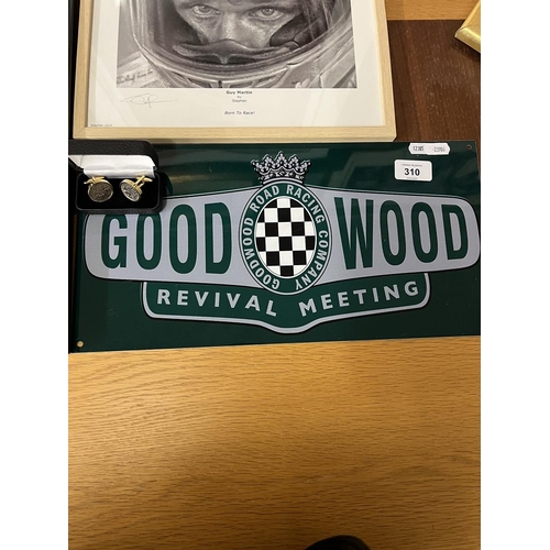 310 - 2 signed Guy Martin prints together with a Goodwood Festival metal sign and cufflinks