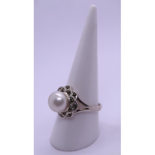 42 - Silver pearl and marcasite ring - Size R