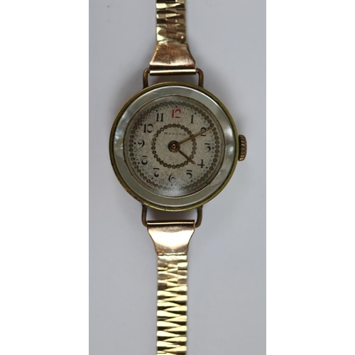 90 - Ladies watch by Medina inlaid with mother of pearl front and back on 9ct gold strap - Approx gross w... 