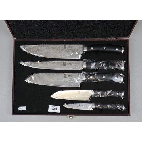 189 - Set of Damascus steel chefs knives by Kyoto