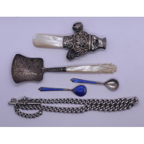 2 - Collection of silver to include babies rattle, machine enameled salt spoons etc