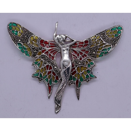 29 - Pretty Art Nouveau style silver lady butterfly enamel brooch