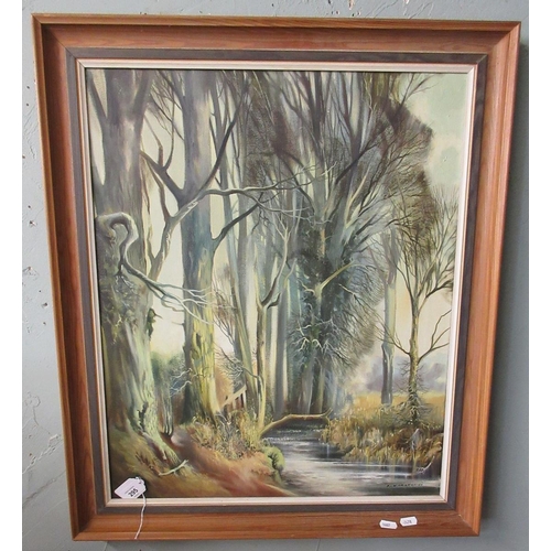 295 - Oil on canvas of a woodland scene by F Drinkwater - Approx image size 49cm x 60cm