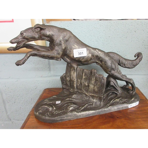 301 - Vintage metal study of 'leaping sight hound ' signed L. Carvin, french sculptor - Approx Height 25cm