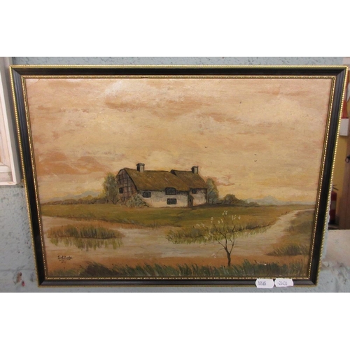 306 - Oil painting cottage scene 'Solitude' - W Gower 1977 - Approx image size 35cm x 26m