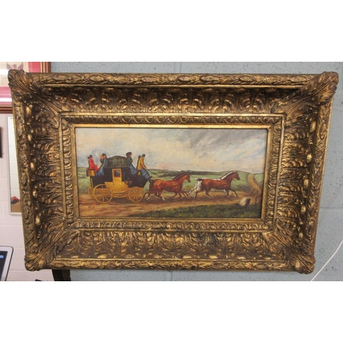 316 - Heavy gilt framed oil - Coaching acene signed W.E.R. - Approx image size 39cm x 19cm