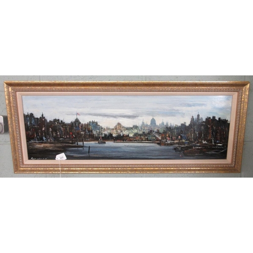 317 - Oil on board signed Kingwood - City Harbour Scene - Approx image size 90cm x 29cm