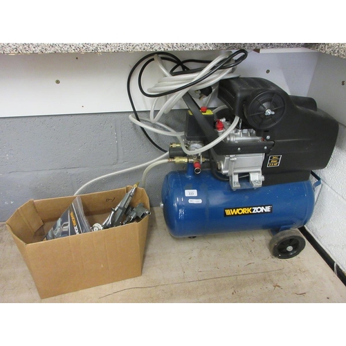 333 - Workzone compressor 24L 2.5hp together with spray guns, tyre pump etc