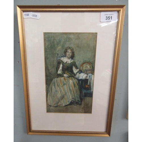 351 - Watercolour of a Regency lady signed E Sylvia Shaw 1898 - Approx image size 13cm x 22cm