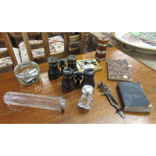 387 - Curios inc.2 prs Opera glasses, oak and silver pepper mill, facet glass and white metal, vesta case,... 