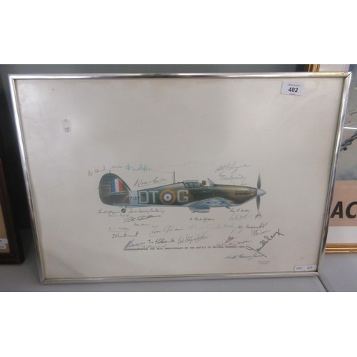 402 - Frame print commemorating 40th anniversary of the battle of Britain summer 1980 signed by the pilots... 