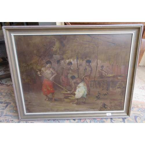 411 - Large gilt framed oil on board of Oriental workers - indistinct signature - Approx image size 80cm x... 