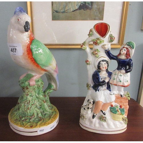 457 - Staffordshire figure to include posy vase and parrot