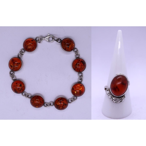 46 - 925 silver and amber bracelet with silver and amber ring.