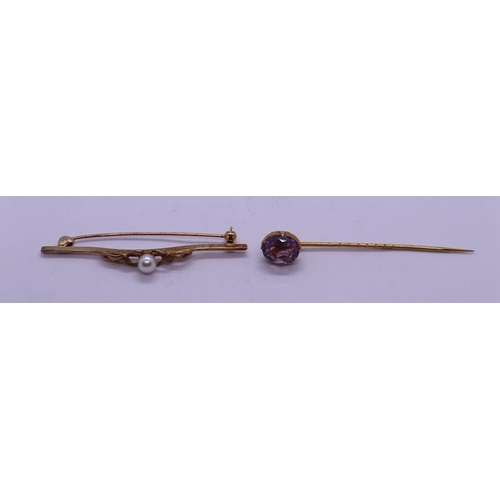 47 - 9ct gold and pearl bar brooch and unmarked yellow metal amethyst stick pin