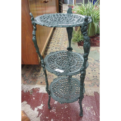 485 - Vintage green 3 tier cast iron pan/plant stand - Approx height: 67cm