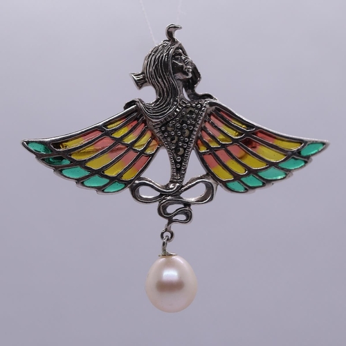 55 - Silver and pique de jour pearl drop pendant/brooch