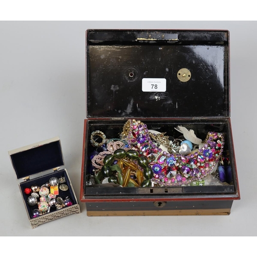 78 - Assorted costume jewellery in vintage tin moneybox.