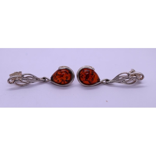 14 - 3 pairs of silver earrings to include amber