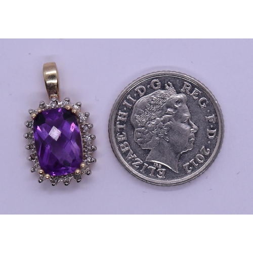 19 - 9ct gold amethyst and diamond set pendant