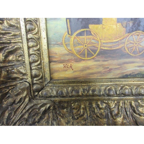 316 - Heavy gilt framed oil - Coaching acene signed W.E.R. - Approx image size 39cm x 19cm