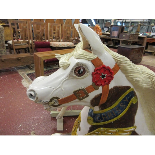 363 - Carved wooden carousel horse painted with inscription - Approx Height 99cm